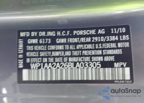 2011 Porsche Cayenne z USA, uszkodzony, nr VIN WP1AA2A26BLA03305